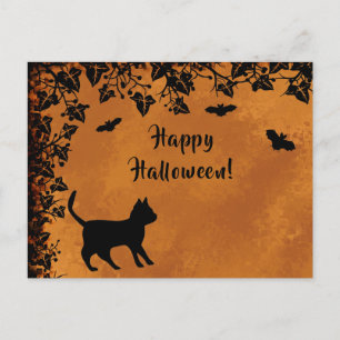 Black Cat with Bat , Happy Halloween Postcard