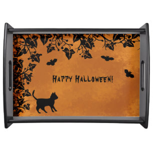 Black Cat with Bat , Happy Halloween Serving Tray