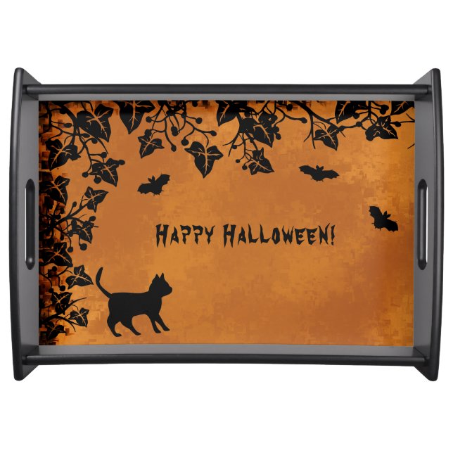 Black Cat with Bat , Happy Halloween Serving Tray (Front)