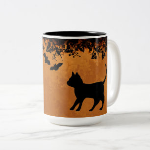 Black Cat with Bat , Happy Halloween Two-Tone Coffee Mug