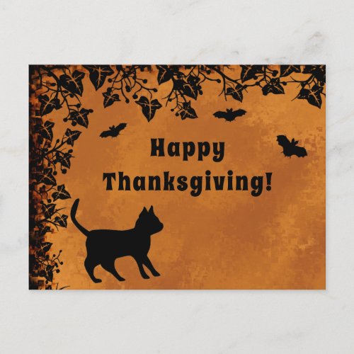 Black Cat with Bat  Happy Thanksgiving Postcard