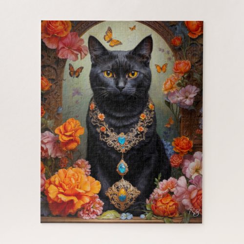 Black Cat with Beautiful Jewelry and Flowers Jigsaw Puzzle