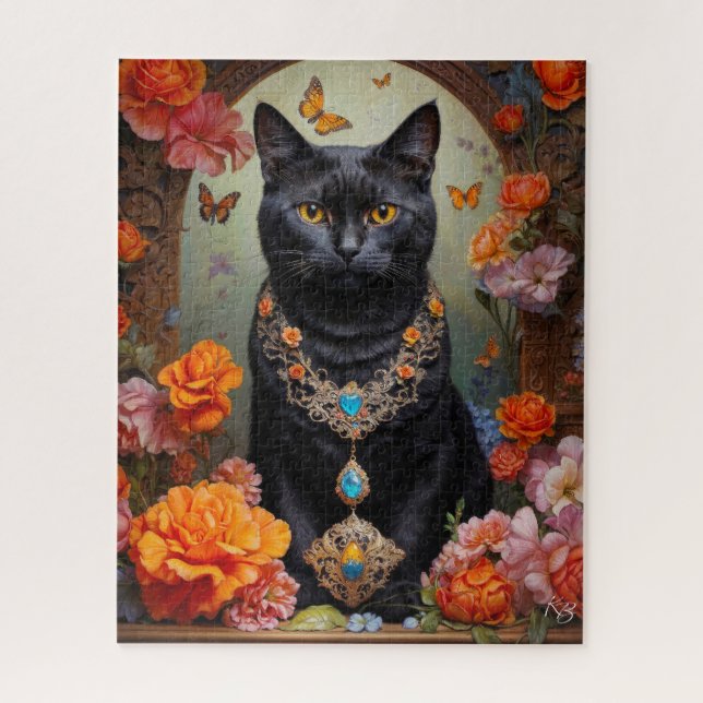 Black Cat with Beautiful Jewelry and Flowers Jigsaw Puzzle (Vertical)