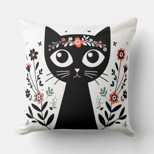 Black Cat with Big Eyes Surrounded by Flowers Throw Pillow