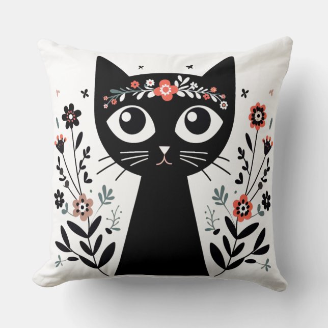 Black Cat with Big Eyes Surrounded by Flowers Throw Pillow (Front)