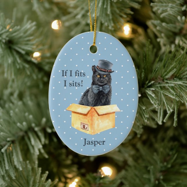 Black Cat With Black Hat - If I fits, I Sits! Ceramic Ornament (Tree)