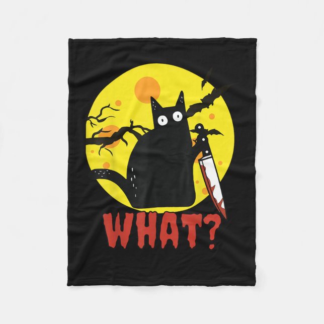 Black Cat with Bloody Knife Saying What_ Funny Mur Fleece Blanket (Front)