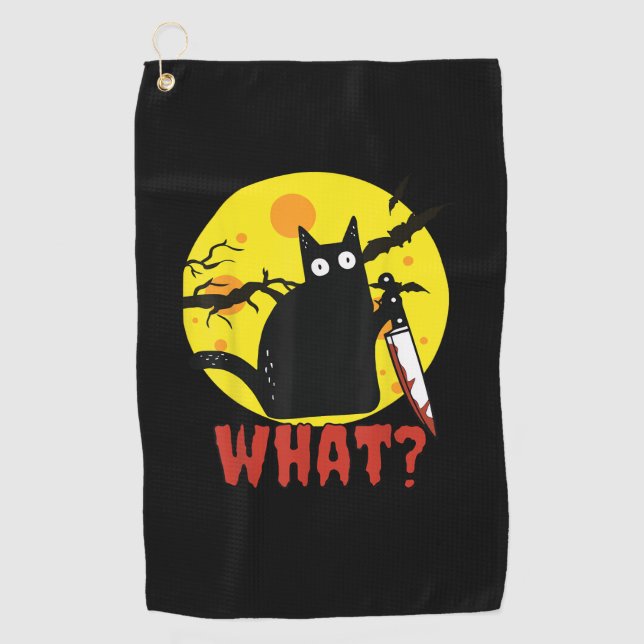 Black Cat with Bloody Knife Saying What_ Funny Mur Golf Towel (Front)
