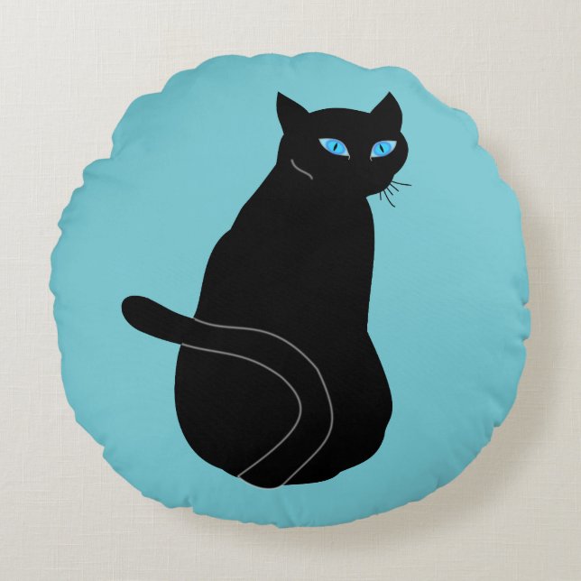 Black Cat With Blue Eyes Round Pillow (Front)