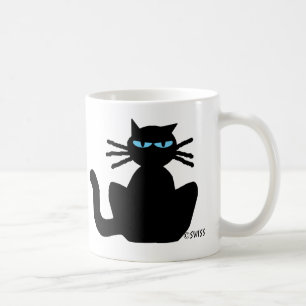 Black Cat with Blue Eyes Sitting Staring Coffee Mug