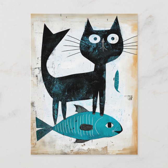 Black Cat with Blue Fish Postcard (Front)