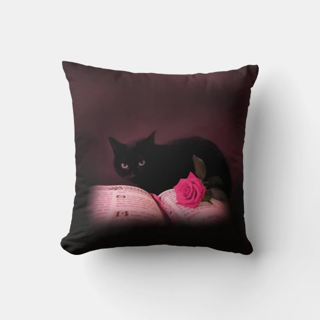 black cat with book and rose pillow (Front)