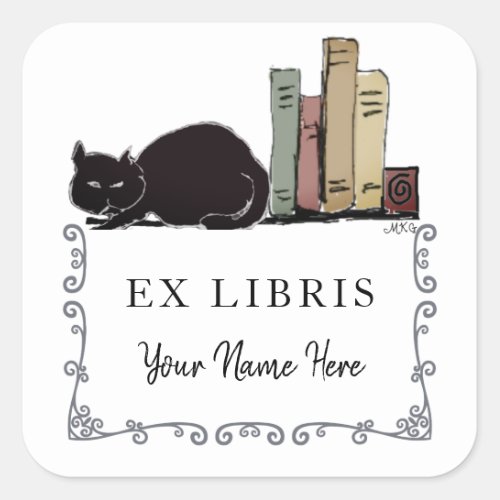Black Cat with Books Cute Hand_Drawn Bookplate