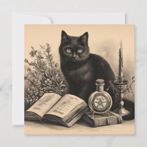 Black Cat with Books Vintage Illustration Card