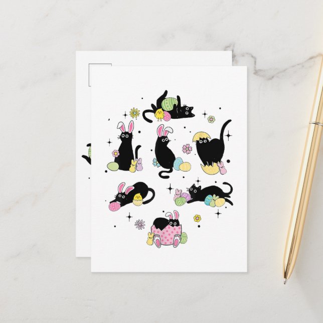 Black Cat with Bunny Eggs Announcement Postcard (Front/Back In Situ)
