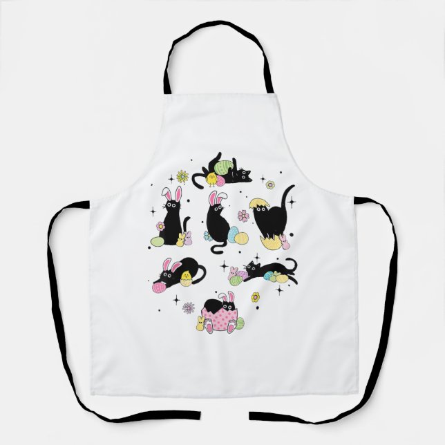 Black Cat with Bunny Eggs Happy Easter Day Matchin Apron (Front)