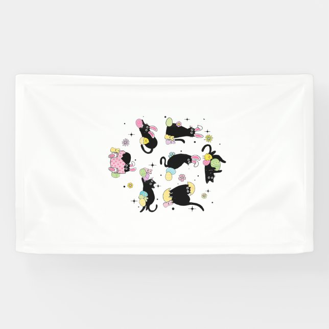 Black Cat with Bunny Eggs Happy Easter Day Matchin Banner (Horizontal)