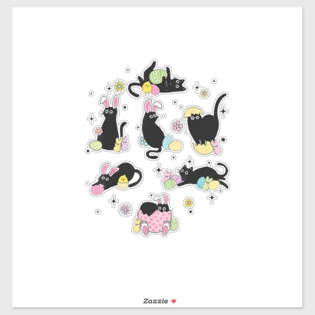 Black Cat with Bunny Eggs Happy Easter Day Matchin Sticker (Sheet)
