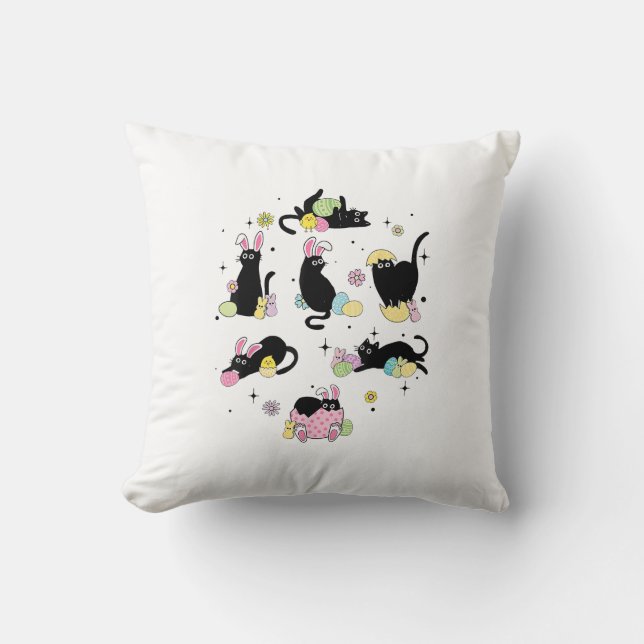 Black Cat with Bunny Eggs Happy Easter Day Matchin Throw Pillow (Front)