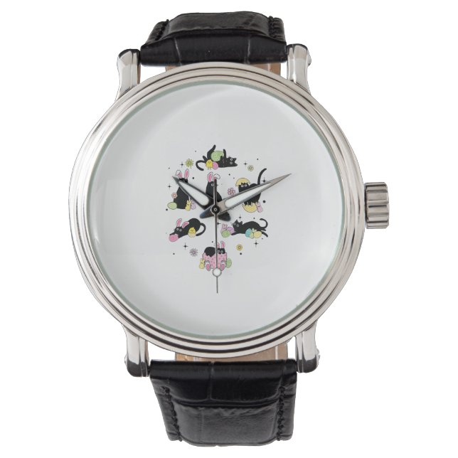Black Cat with Bunny Eggs Happy Easter Day Matchin Watch (Front)