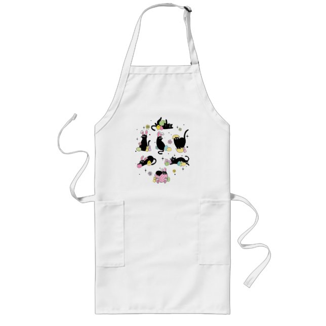 Black Cat with Bunny Eggs Long Apron (Front)