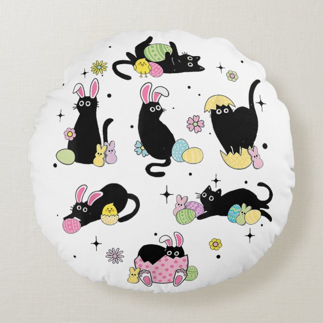 Black Cat with Bunny Eggs Round Pillow (Front)
