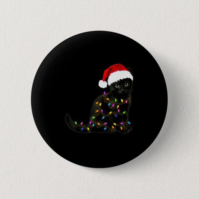 Black Cat With Christmas Light Funny Cat Lover Chr Button (Front)