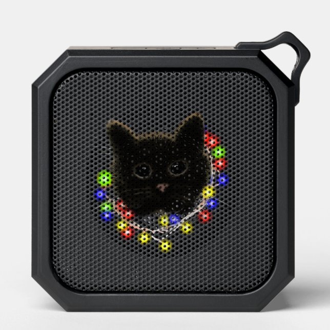 Black cat with Christmas lights Bluetooth Speaker (Front)