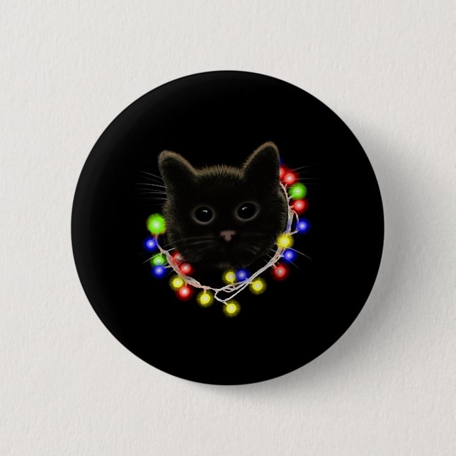Black cat with Christmas lights Button (Front)