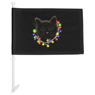 Black cat with Christmas lights Car Flag