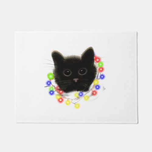 Black cat with Christmas lights Doormat