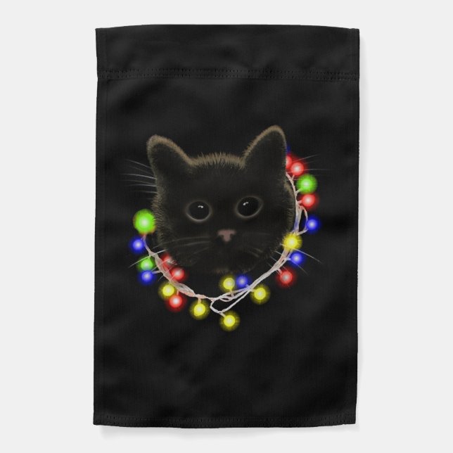 Black cat with Christmas lights Garden Flag (Front)