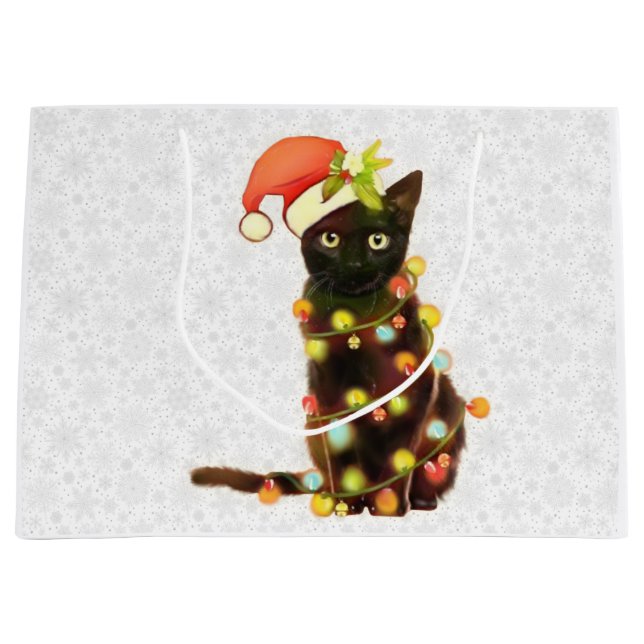 Black Cat With Christmas Lights Gift Bag (Front)