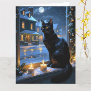 Black Cat With Christmas Lights Holiday Card