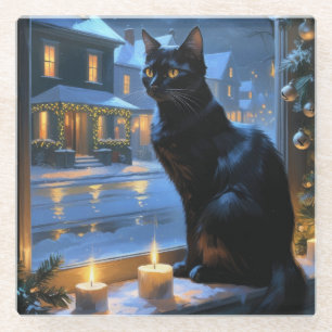 Black Cat With Christmas Lights Holiday Glass Coaster
