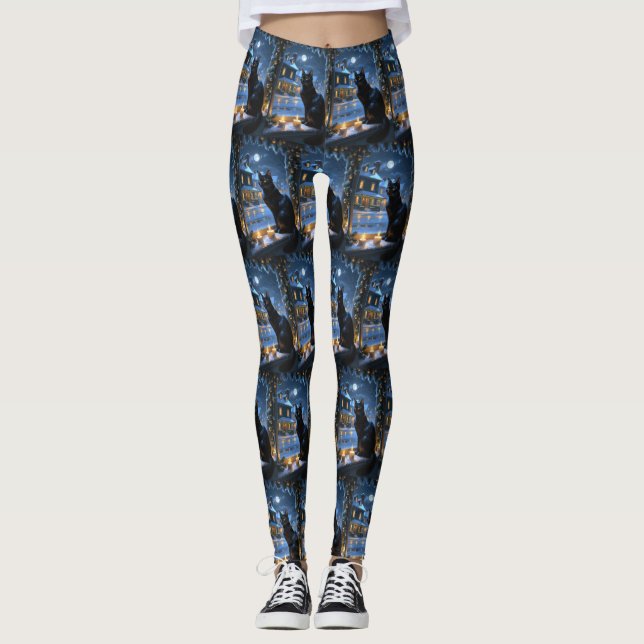 Black Cat With Christmas Lights Holiday Leggings (Front)