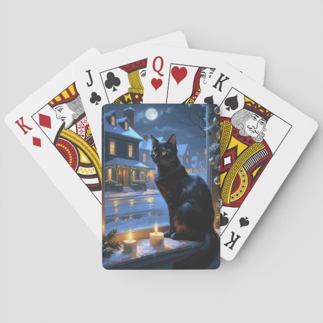 Black Cat With Christmas Lights Holiday Poker Cards (Back)