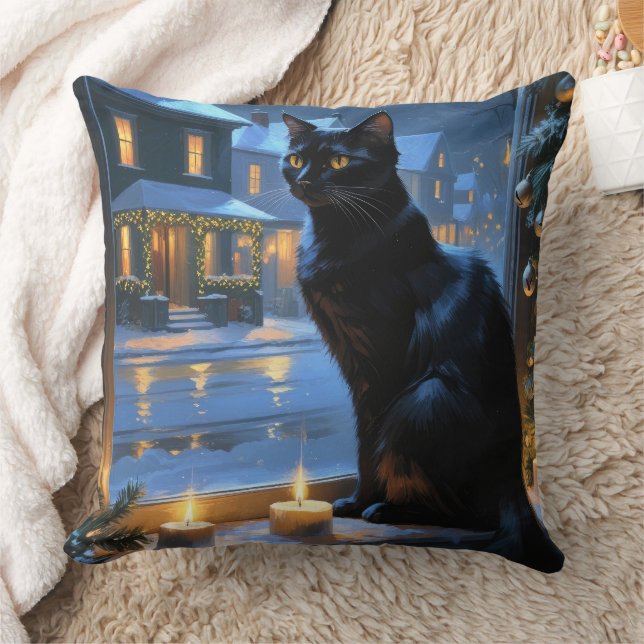 Black Cat With Christmas Lights Holiday Throw Pillow (Blanket)