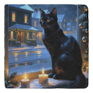 Black Cat With Christmas Lights Holiday Trivet