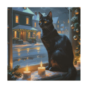 Black Cat With Christmas Lights Holiday Wood Wall Art