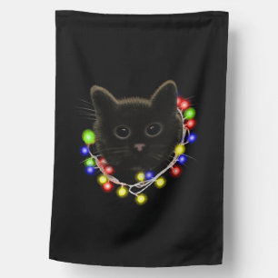 Black cat with Christmas lights House Flag