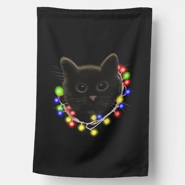 Black cat with Christmas lights House Flag (Front)