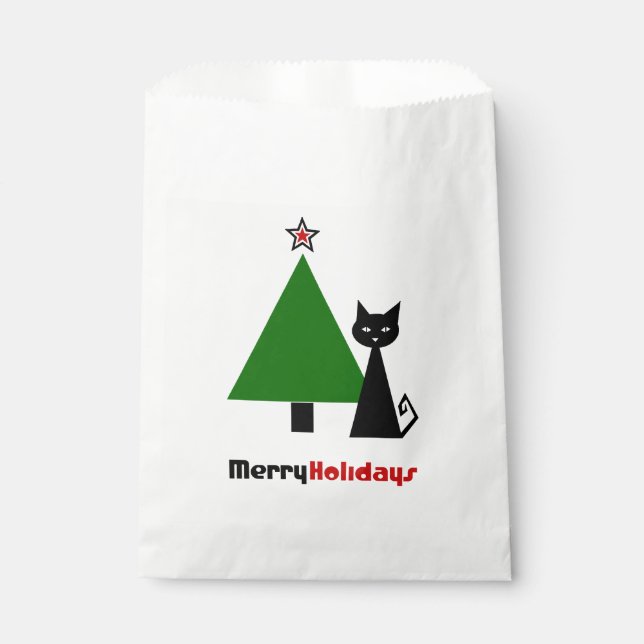 Black Cat with Chrstmas Tree Favor Bag (Front)
