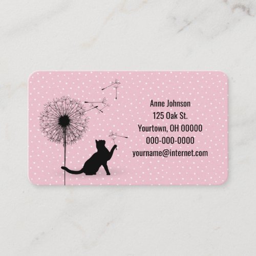 Black cat with dandelion on dots business card