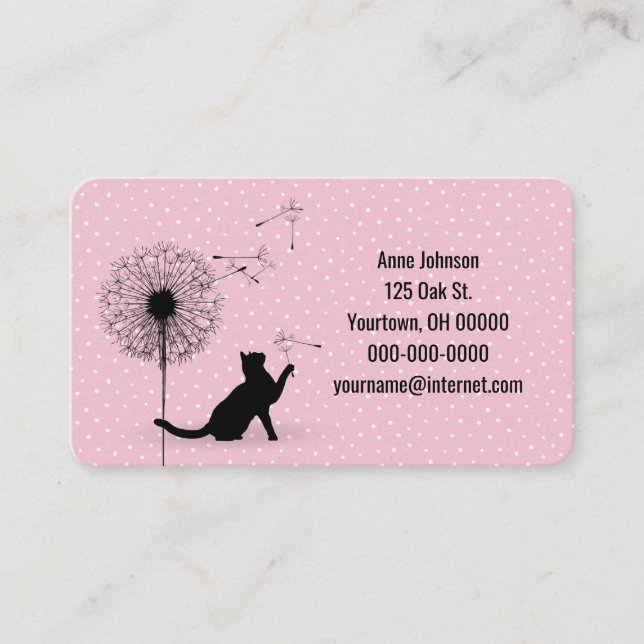 Black cat with dandelion on dots business card (Front)