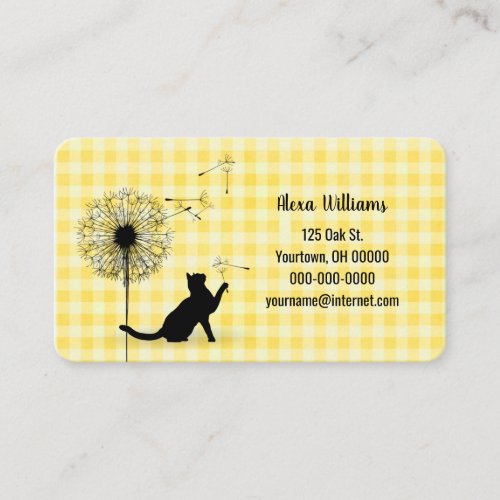 Black cat with dandelion on gingam business card