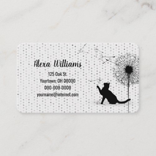 Black Cat with Dandelion on Gray Dots Business Card