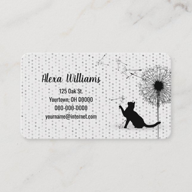 Black Cat with Dandelion on Gray Dots Business Card (Front)