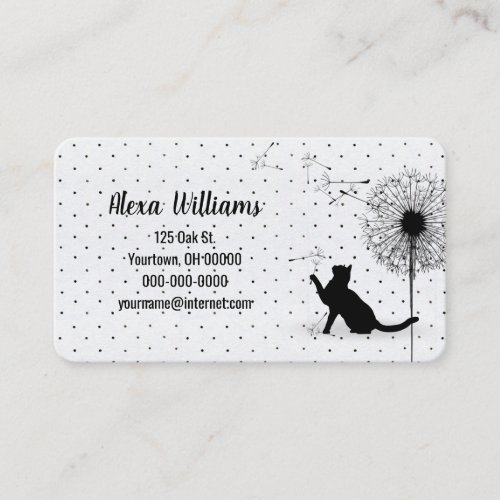 Black Cat with Dandelion on Pin Dots Business Card