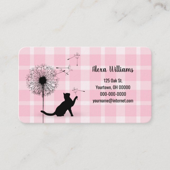 Black cat with dandelion on plaid business card (Front)